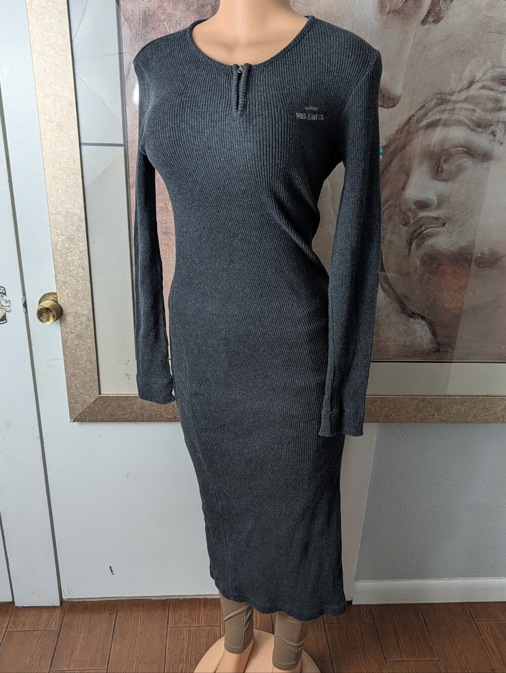 Polo Jeans Co. Ralph Lauren Charcoal Grey Ribbed Knit Maxi Dress Size M